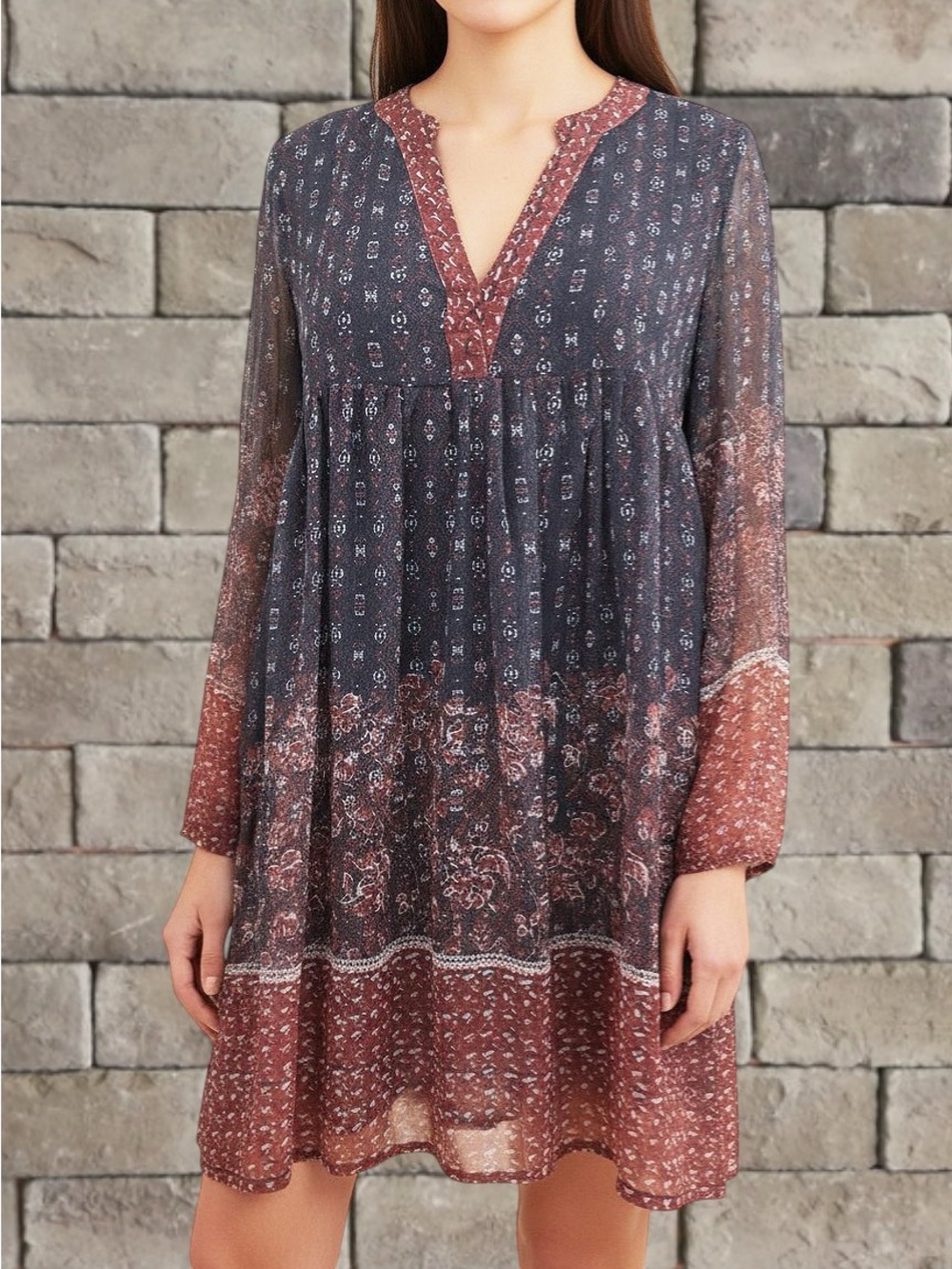 Boho V-Neck Mini Dress in Navy and Rust
